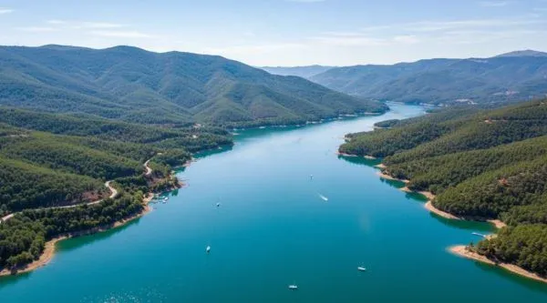 Embalse rodeado de pinares visto desde el aire, espacio natural para jornadas de empresa