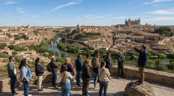 Grupo escuchando al guía en un mirador con Toledo al fondo